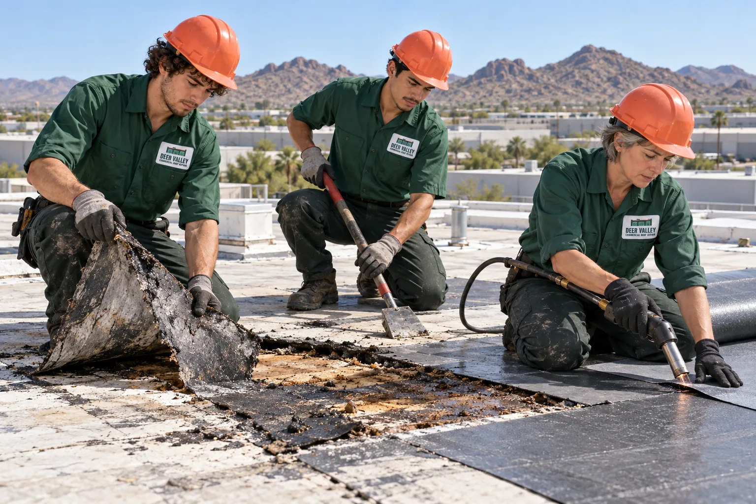 Three roofers cutting out wet membrane and insulation and rolling out a new sheet