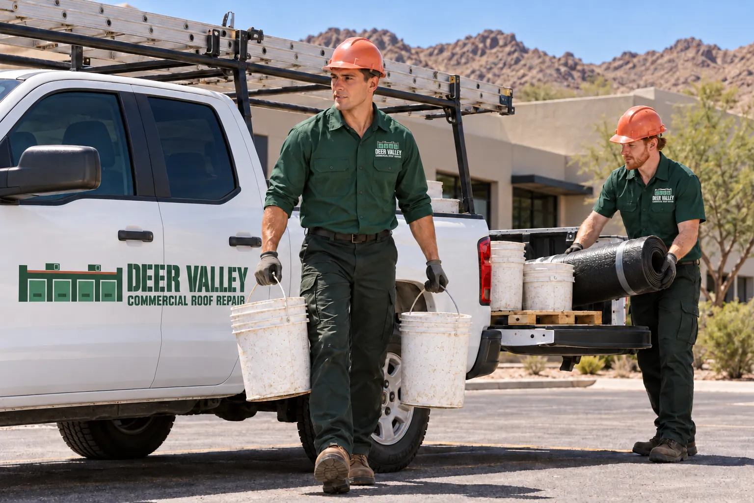 Two roofers carrying sealant buckets and a membrane roll from a work truck beside a block building