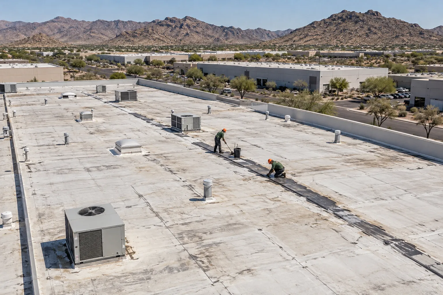 Two roofers repairing a long seam on a large white flat roof with rooftop units