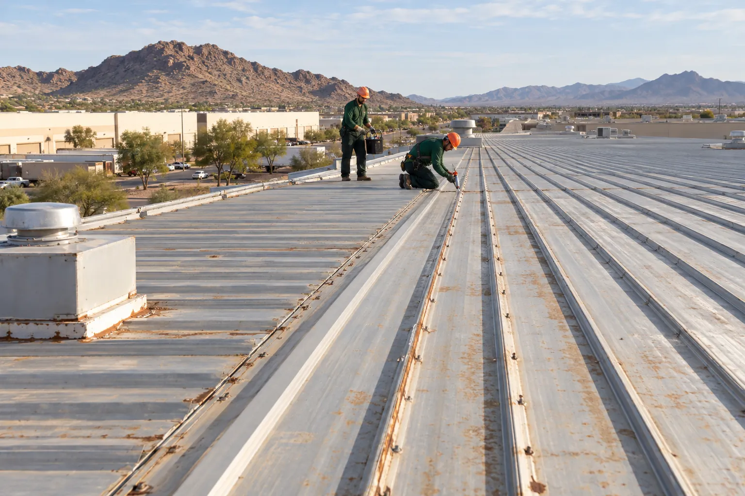 Roofers replacing fasteners along the panel runs of a standing-seam warehouse roof