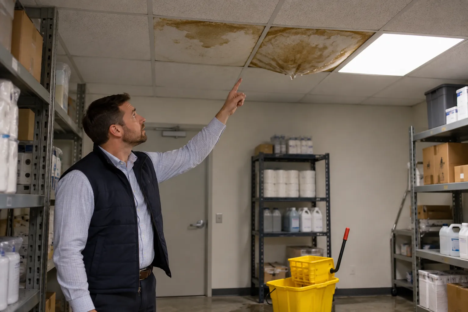 Facility manager pointing at a stained, sagging ceiling tile in a back storage room