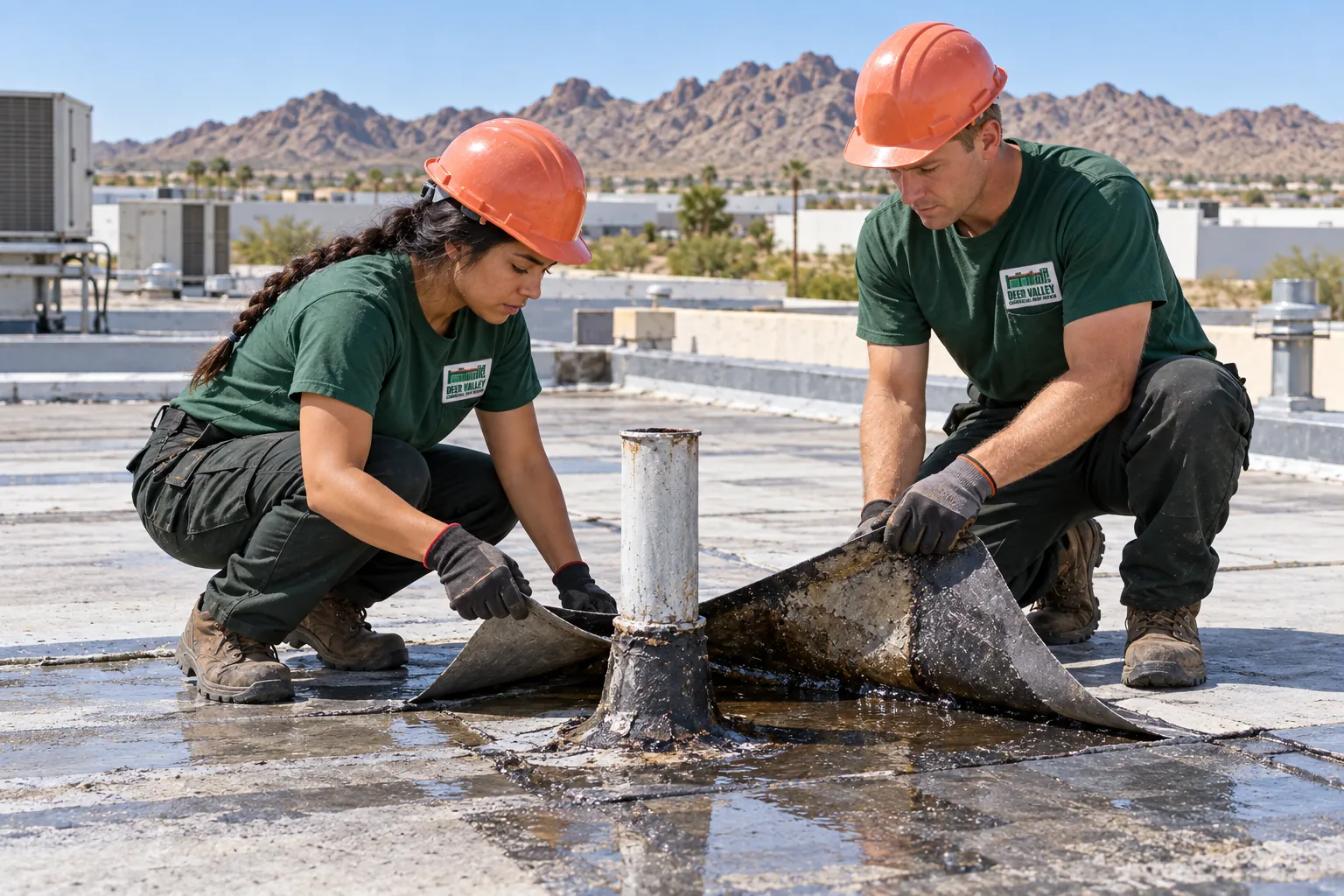 Two roofers peeling wet membrane back from a pipe penetration in standing water