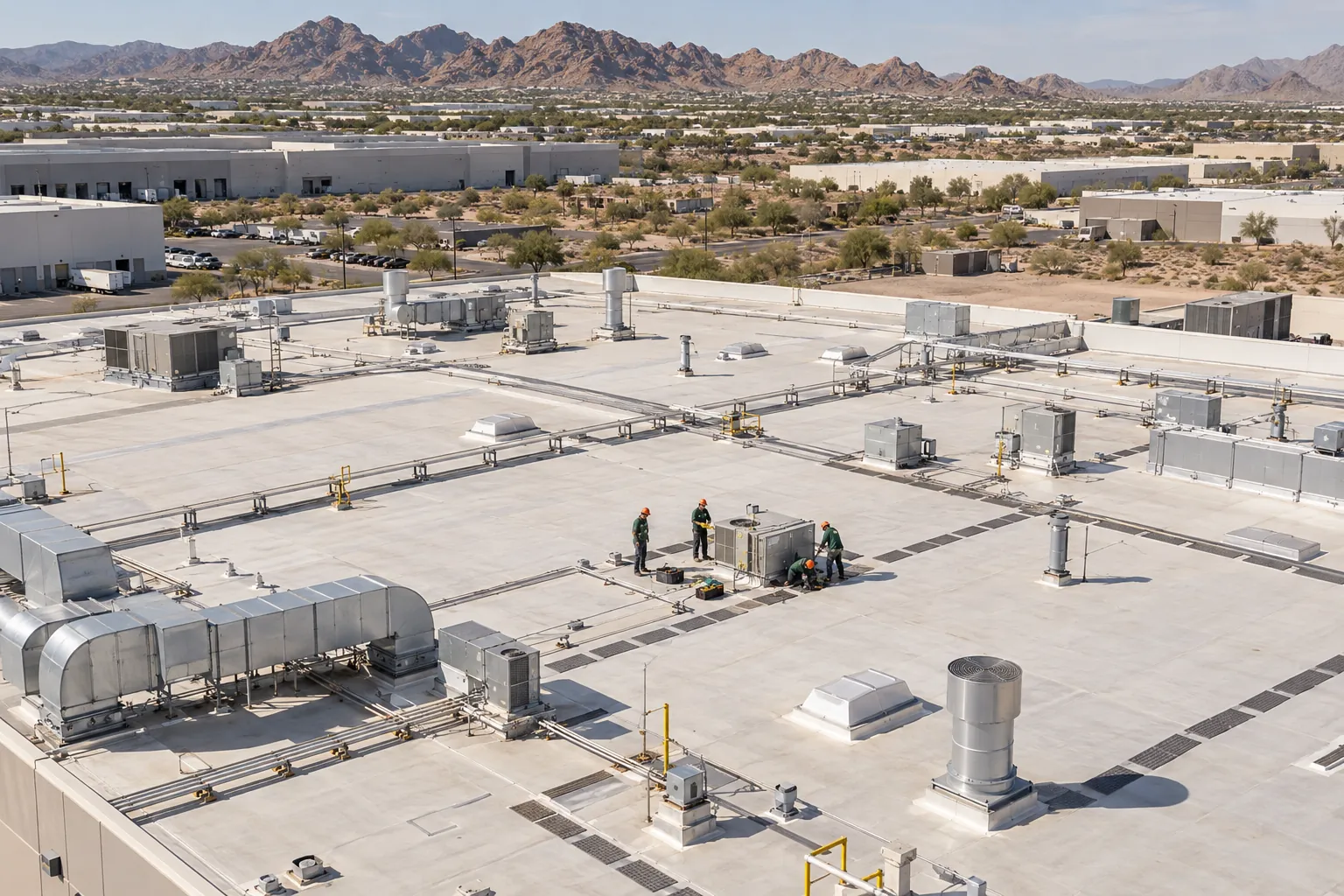 Plant roof with ductwork, exhaust stacks, and walkway pads, a crew at a rooftop unit