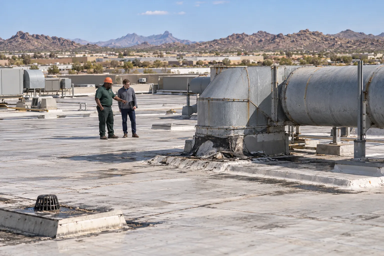 Roofer and plant manager walking past a large duct run on a flat industrial roof