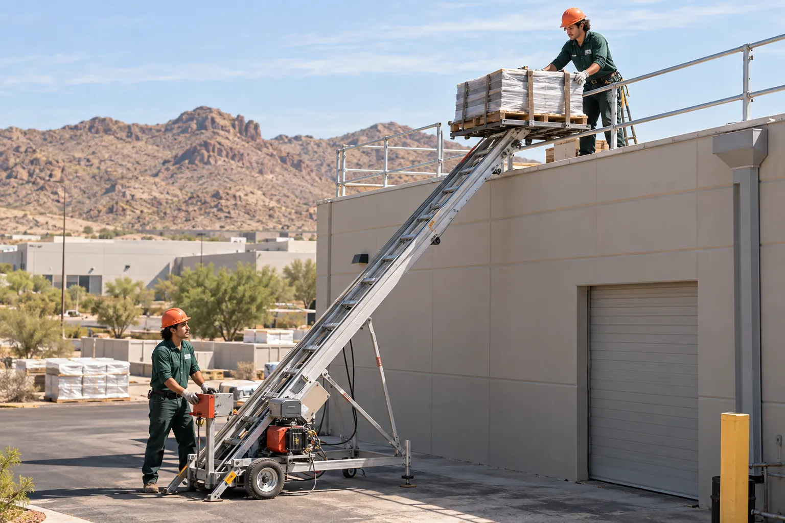 Material hoist lifting a pallet to the roof edge of a block warehouse