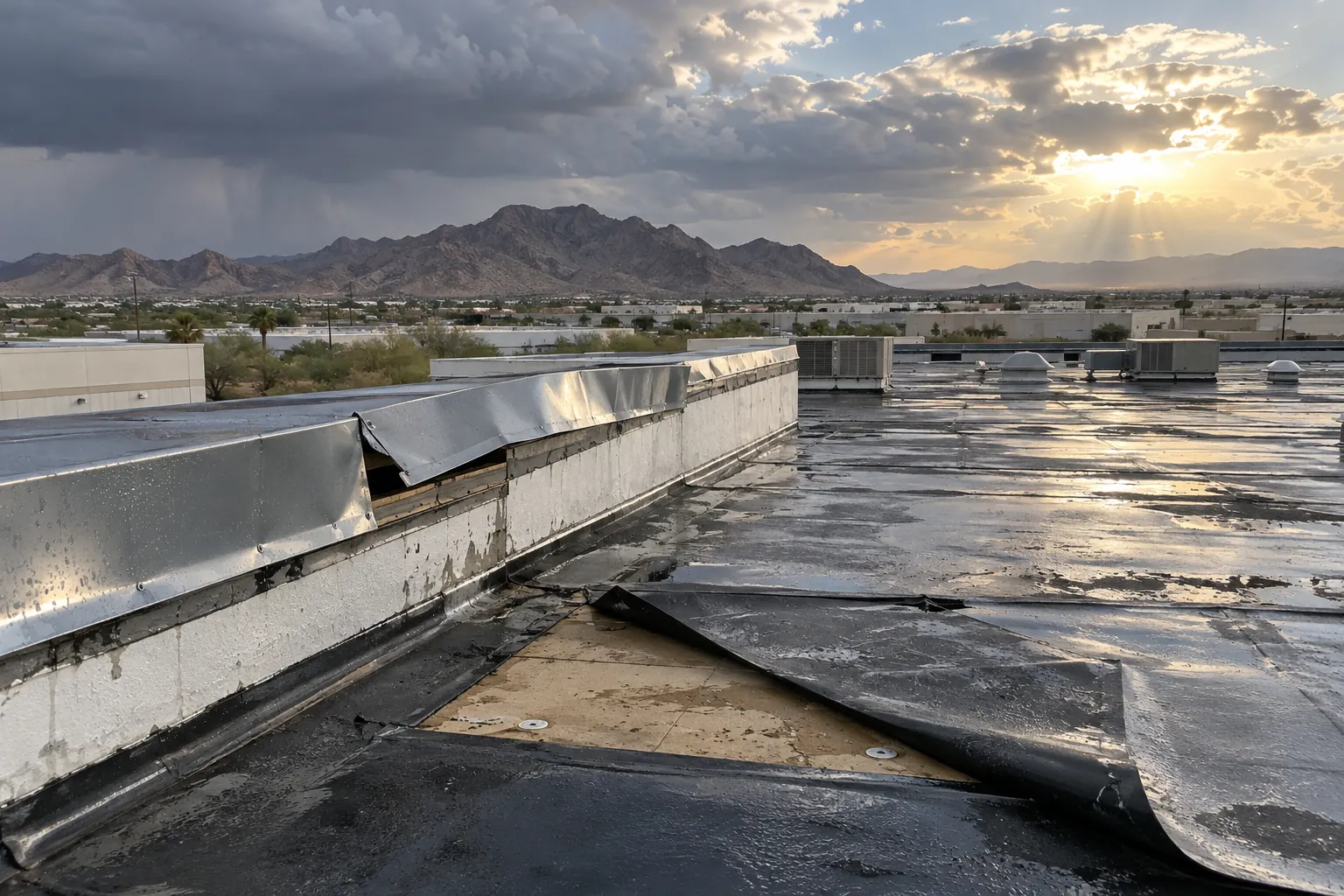 Membrane peeled back and edge metal lifted on a flat roof after a monsoon storm