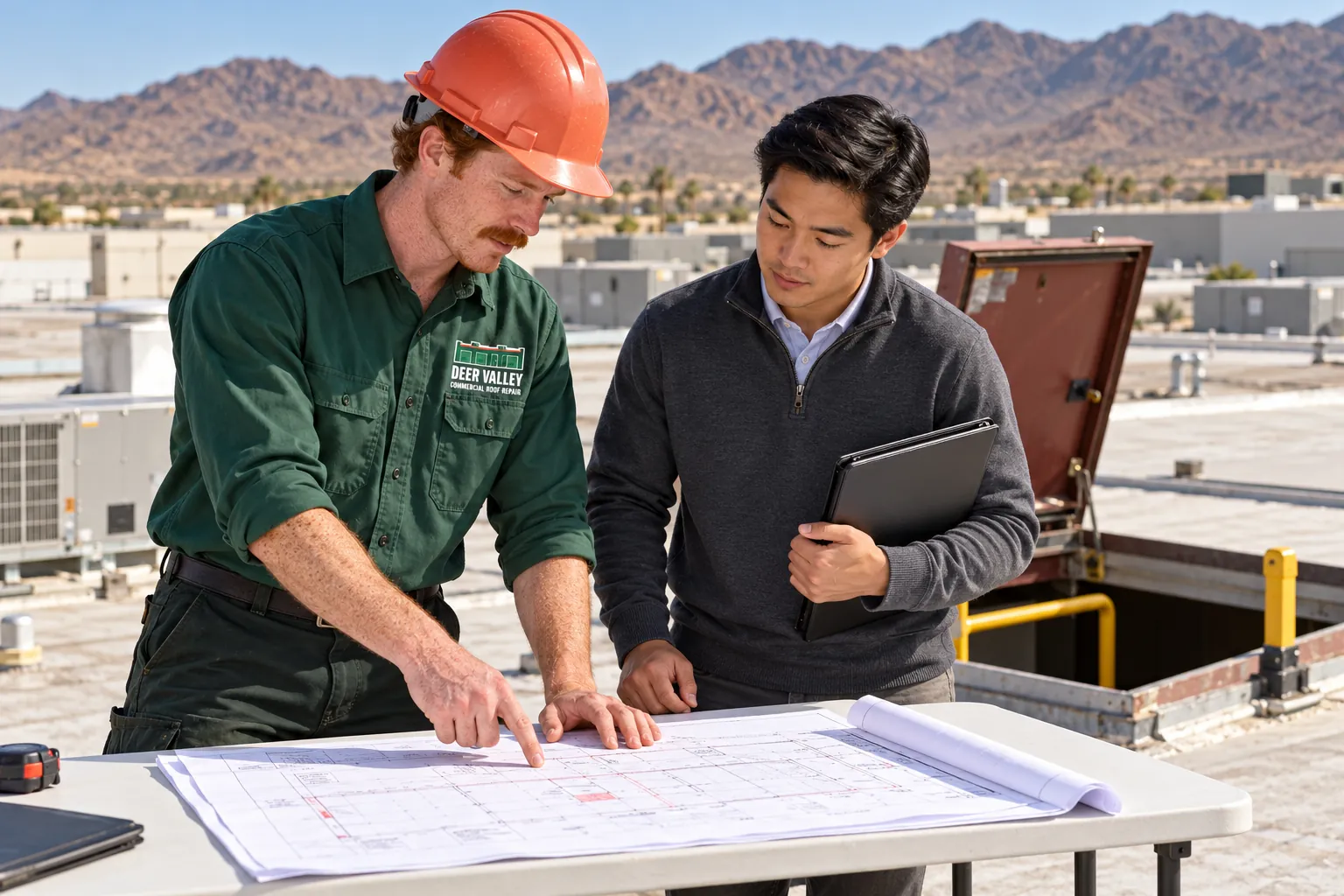 Roofer and property manager reviewing a roof plan beside an open roof hatch