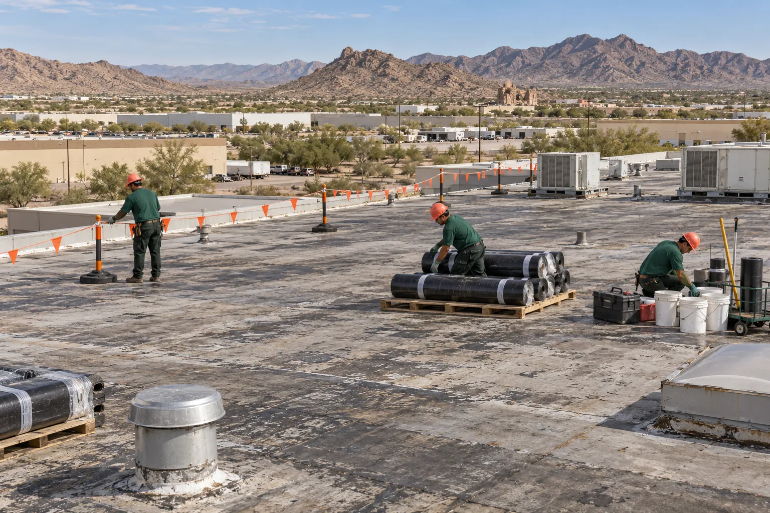 Roofers staging membrane rolls behind a flagged warning line on a flat roof
