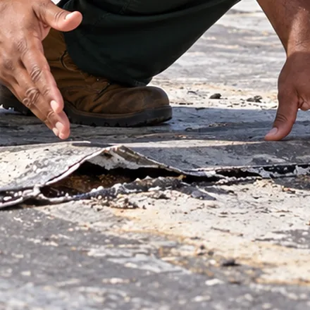 Close view of an old patch lifting at a lap seam on a flat roof