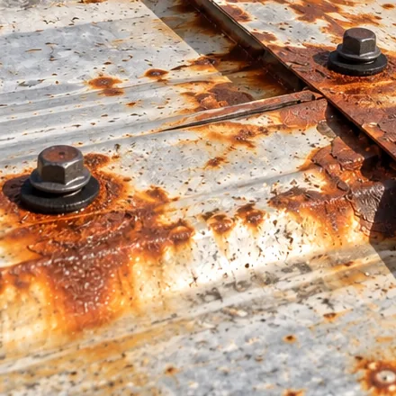 Close view of rust along a metal roof panel lap