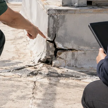 Close view of a crack in curb flashing at a rooftop unit